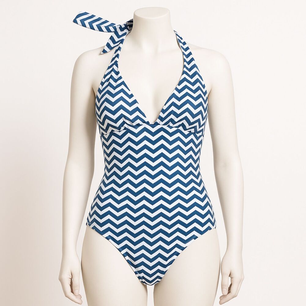 Roberta Roller Rabbit Halter One Piece Swimsuit XS Blue White Chevron Coastal